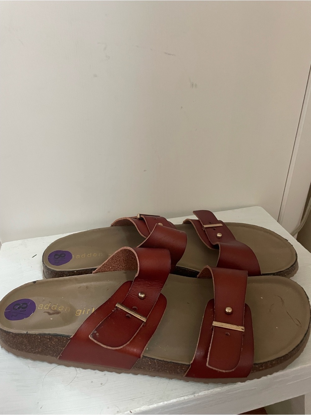 Madden Girl Red-Brown Double Strap Slide Sandals